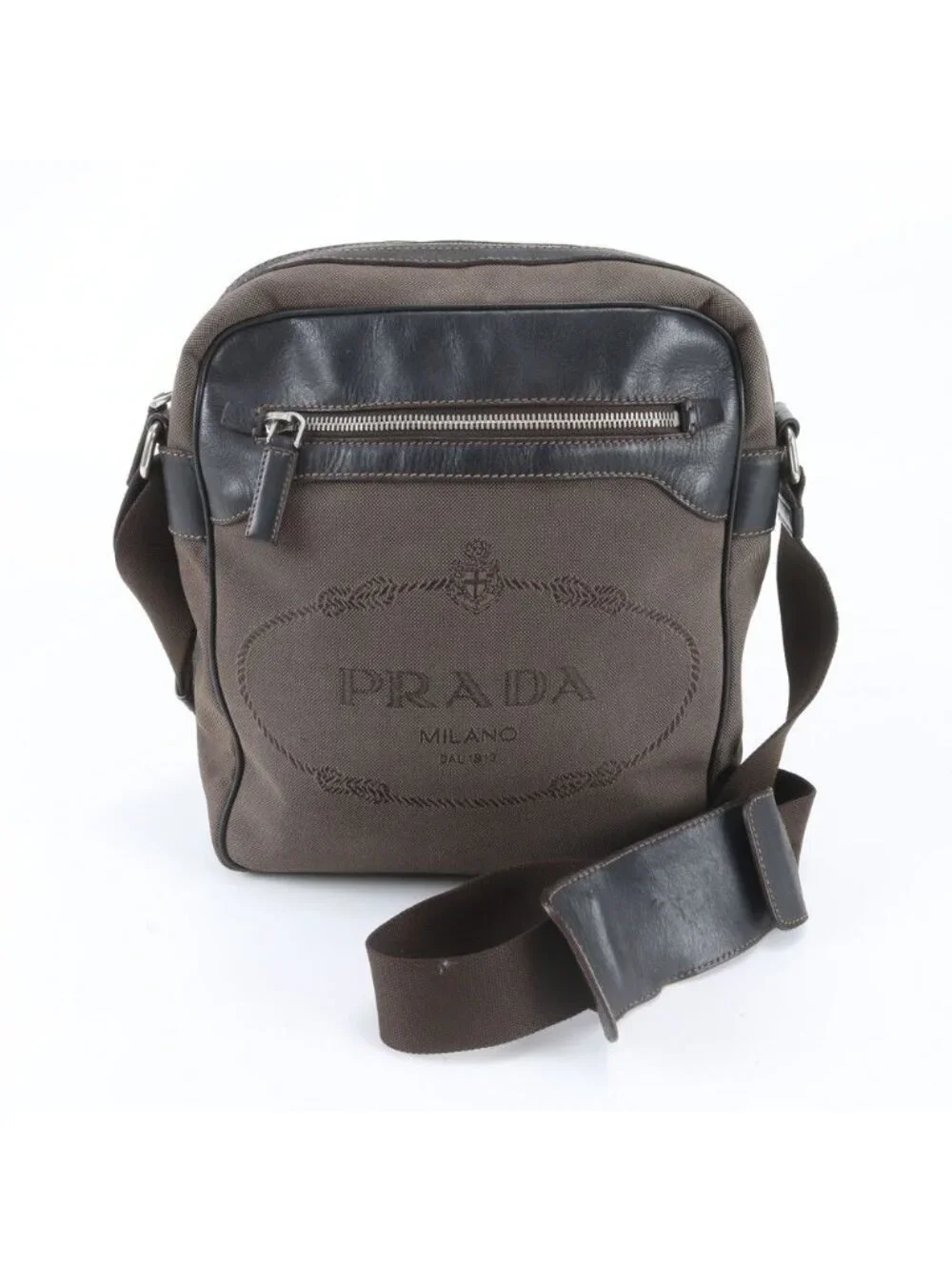 Prada Logo Jacquard Leather Shoulder Bag Crossbody Messenger Business Brown